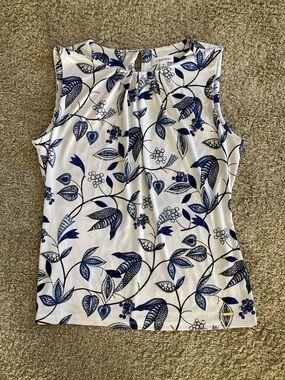 Calvin Klein White Sleeveless Top with Blue Floral Vine Print